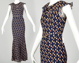 XXS 1930s Navy Blue Dress Bias Cut Sleeveless Polka Dot Print Belt Flare Skirt Split Cap