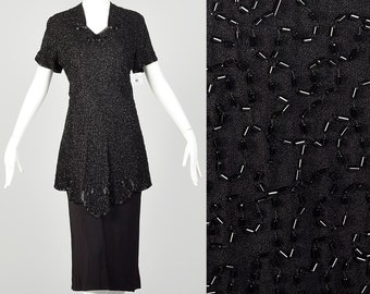 Medium 1940s Little Black Dress Beaded Art Deco Rayon Short Sleeve Peplum