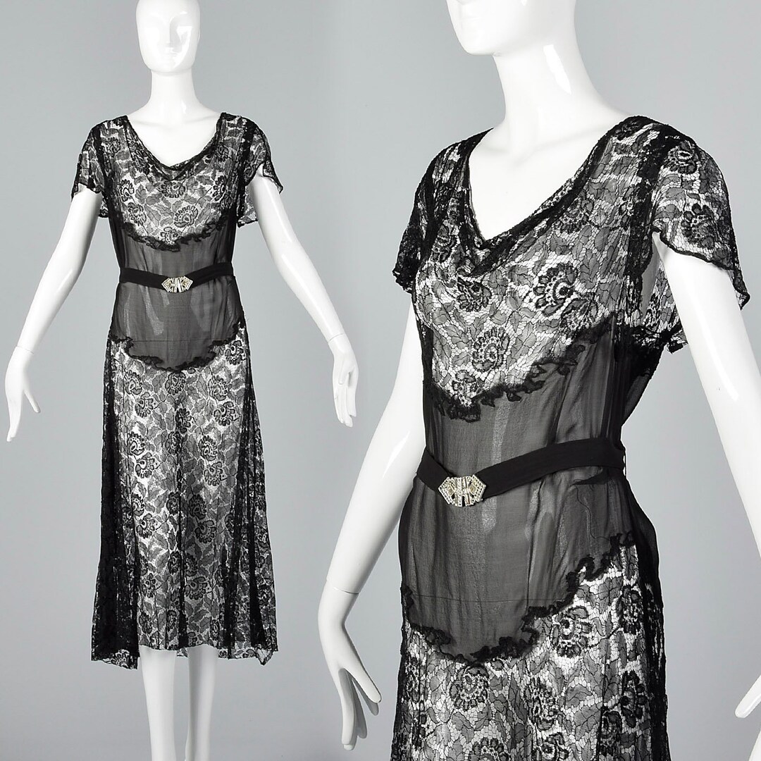 Small 1930s Sheer Black Lace Dress Art Deco Dress Vintage Lace Dress ...