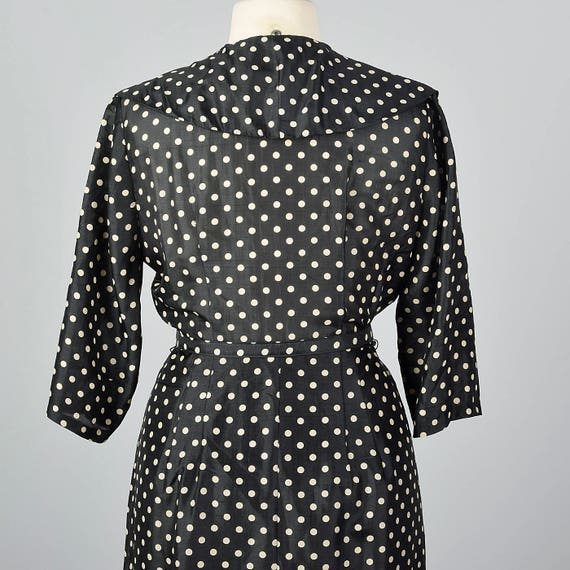 XL 1950s Black Silk Polka Dot Dress Double Breast… - image 6