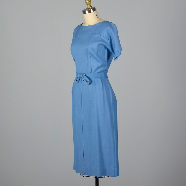 Small 1950s Dress Blue Rayon Day Dress Short Sleeves Pencil Skirt Spring Summer Day Wear Casual 50s Vintage