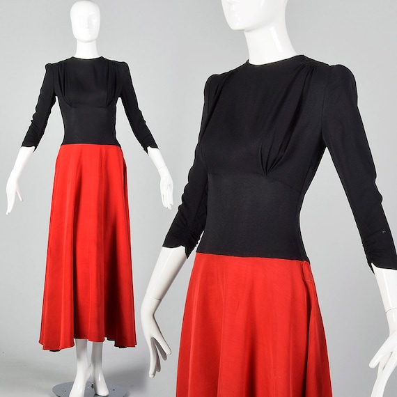XS 1940s Dress Color Block Evening Dress Red Maxi