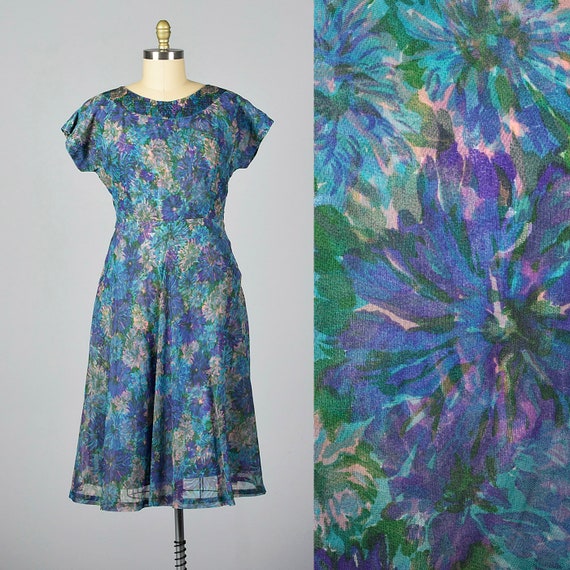 XL 1950s Dress Blue Floral Print Dress Floral Chi… - image 1