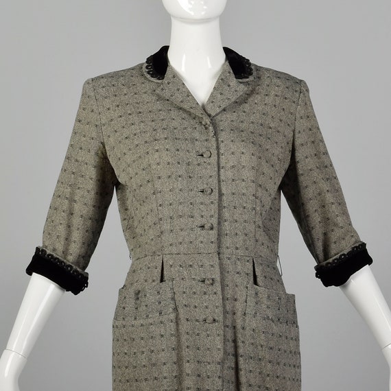 XS 1940s Wool Dress Black Velvet Trim Pockets Sou… - image 4