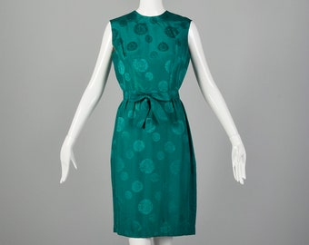 Small 1960s Green Dress Silk Asian Chinese Inspired Mod Pin Up Casual Cocktail Shift Dress