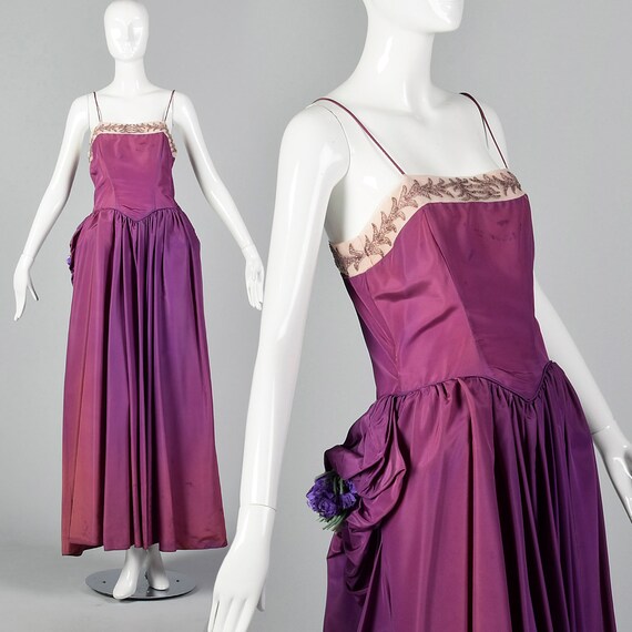 XS 1940s Purple Taffeta Gown Beaded Neckline Long