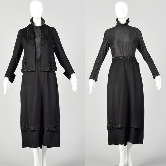 XS 1910s Edwardian Walking Suit Black Wool Cotton… - image 3