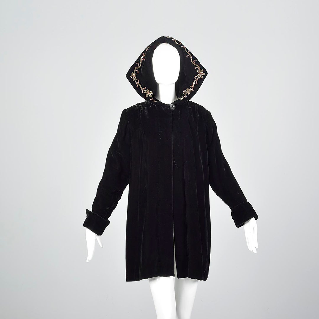 1940s Hooded Coat Loose Autumn Coat Sequin Hood Black Velvet - Etsy