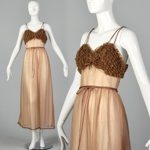XS 1950s Beige Nightgown Sheer Pin Up Nightgown Ru