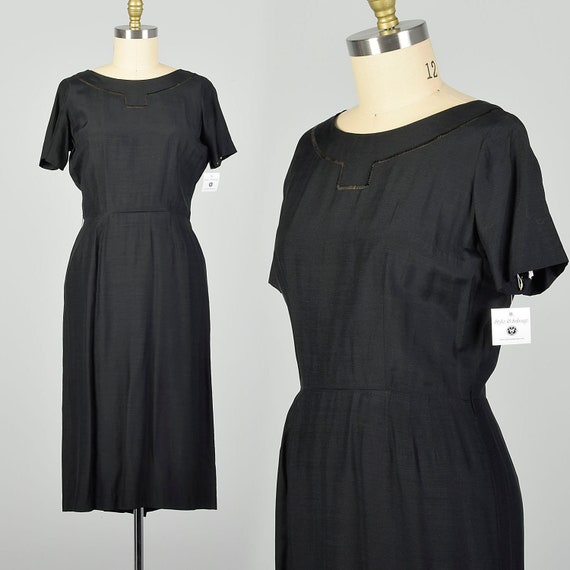 Large 1950s Bonwit Teller Black Dress with Neck D… - image 1