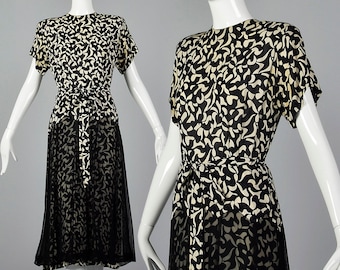 Large 1940s Dress Abstract Print Dress Sheer Overlay Black White Short Sleeves Geometric Day Wear 40s Vintage