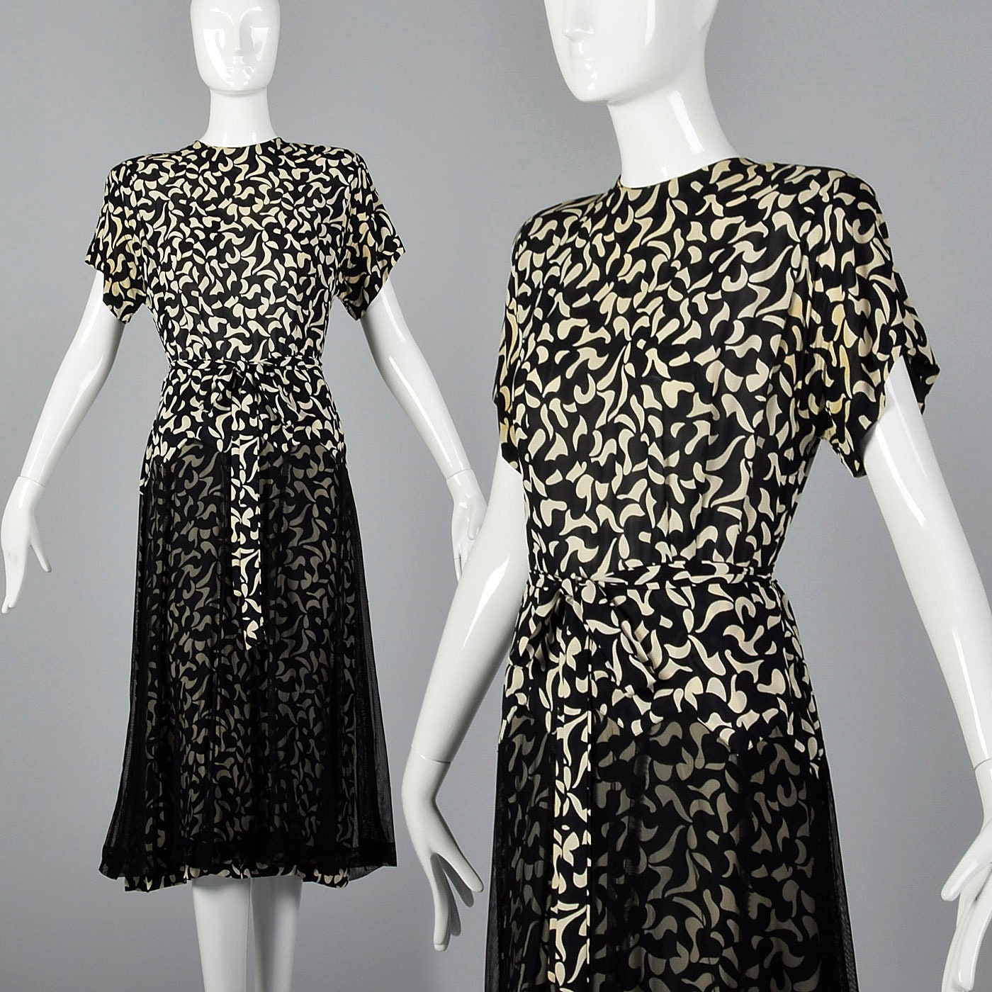 Large 1940s Dress Abstract Print Dress Sheer Overlay Black White Short ...