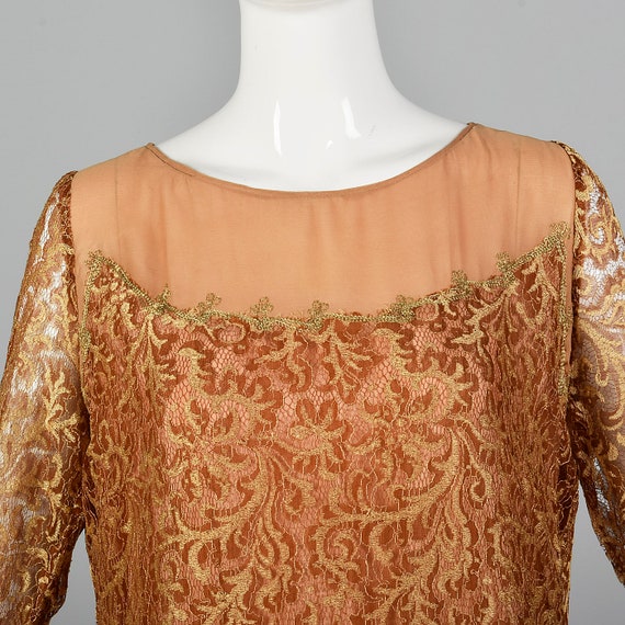 Small 1930s Dress Golden Brown Lace Dress Chiffon… - image 4