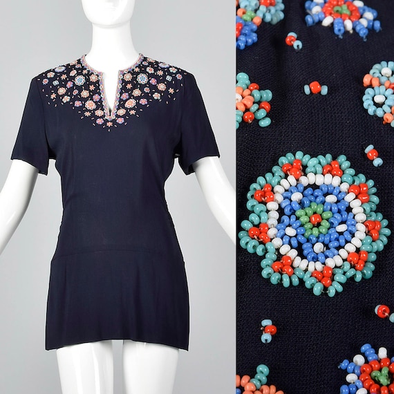 Small 1940s Navy Beaded Top Rayon Peplum Blouse S… - image 1