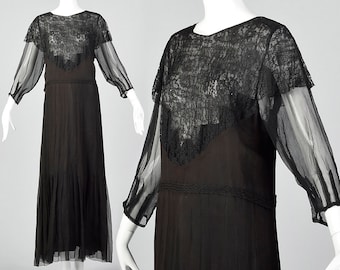 Small 1930s Dress Black Silk Dress Sheer Lace Bust Panel Long Sleeves Formal Evening Wear Art Deco Cocktail 30s Vintage