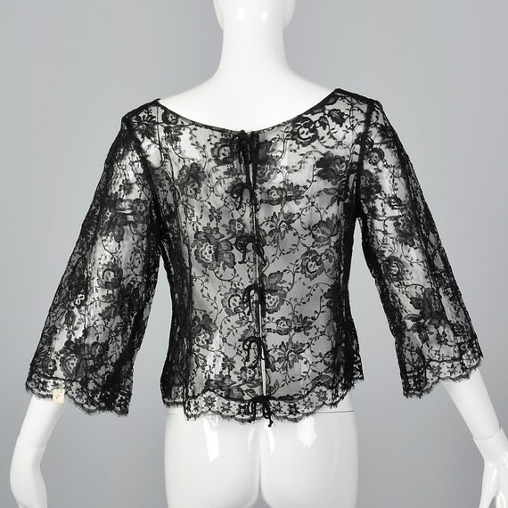 Small Deadstock Floral Lace Sheer Black Top Vinta… - image 3