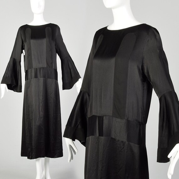 Large 1920s Silk Dress Trumpet Bell Sleeve Black … - image 1