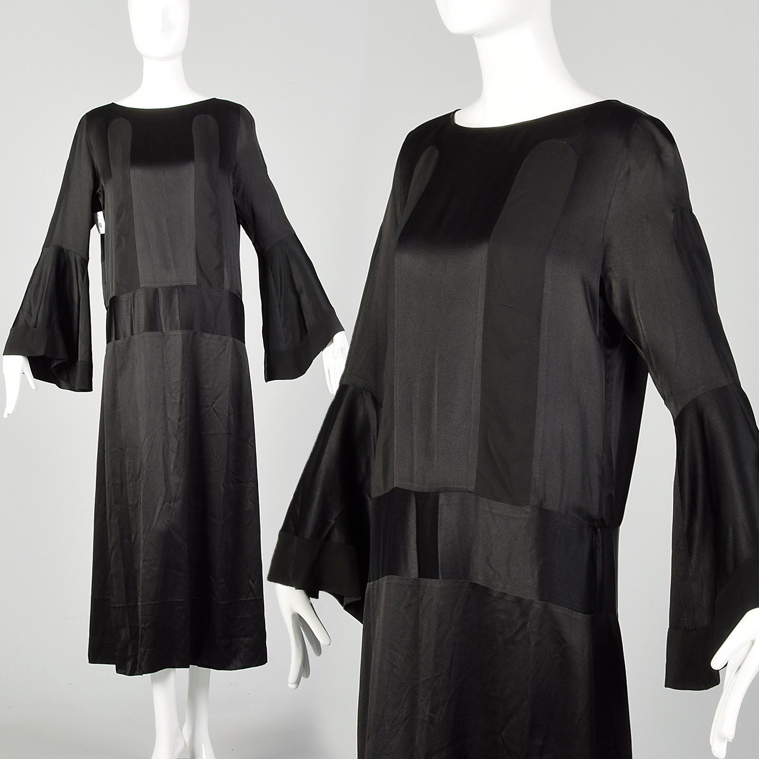 Large 1920s Silk Dress Trumpet Bell Sleeve Black on Black Art Deco ...