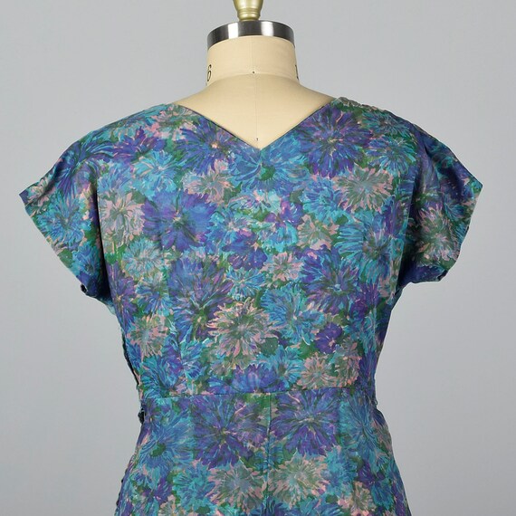 XL 1950s Dress Blue Floral Print Dress Floral Chi… - image 5
