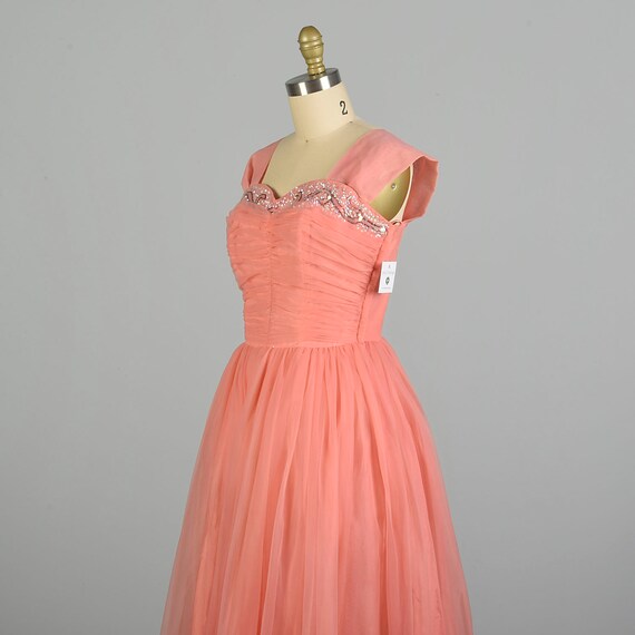 Small 1950s Pink Coral Chiffon Prom Dress Bead Em… - image 5