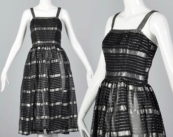 Small 1950s Sheer Black and Silver Dress Lightweight Summer Dress Cocktail Party Evening Wear Full Skirt 50s Vintage