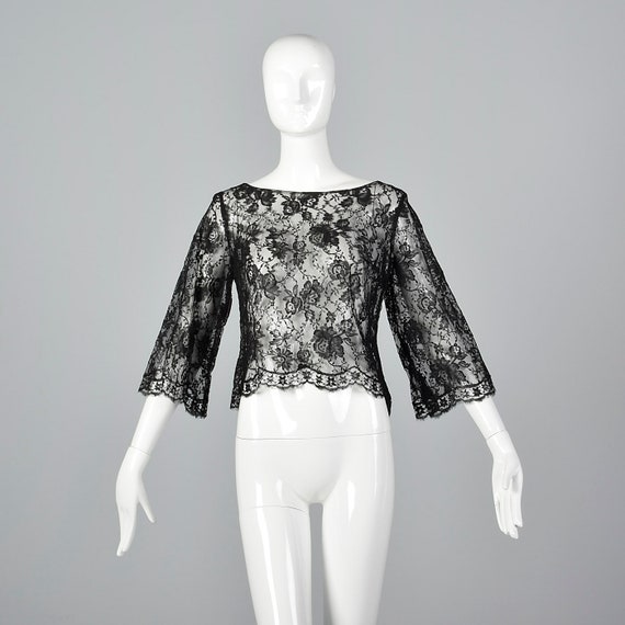 Small Deadstock Floral Lace Sheer Black Top Vinta… - image 4