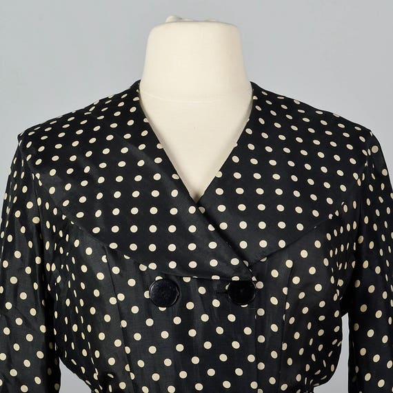 XL 1950s Black Silk Polka Dot Dress Double Breast… - image 7