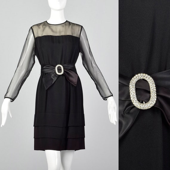 XS 1950s Illusion Bodice Party Dress Sheer Satin … - image 1