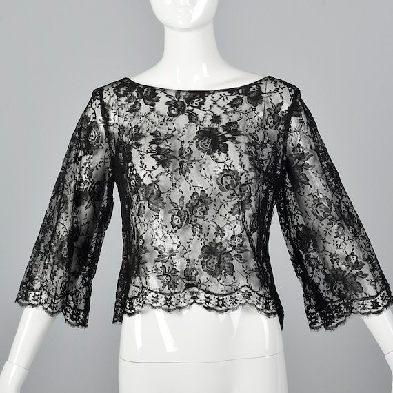 Small Deadstock Floral Lace Sheer Black Top Vinta… - image 1