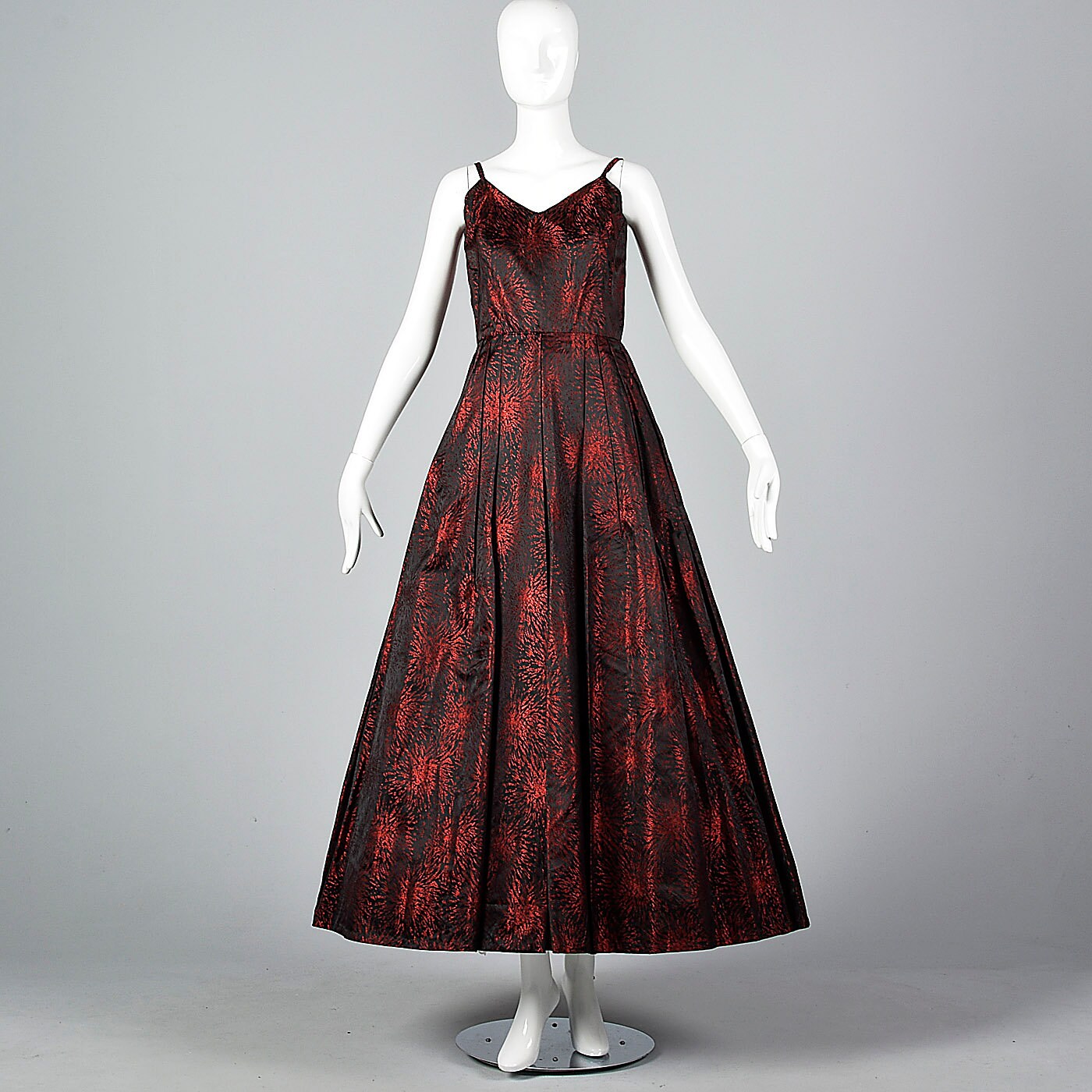 XS 1950s Gown Formal Evening Dress Prom Black Red Brocade Vintage 50s ...