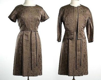 60s Dress 1960s Dress Set 60s Dress Suit 60s Brocade Dress 60s Shift Dress Short Sleeve Taupe Dress Jacket Set Cocktail Dress Custom Medium