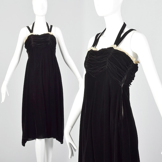 XS 1940s Dress Black Velvet Dress Halter Straps Ru
