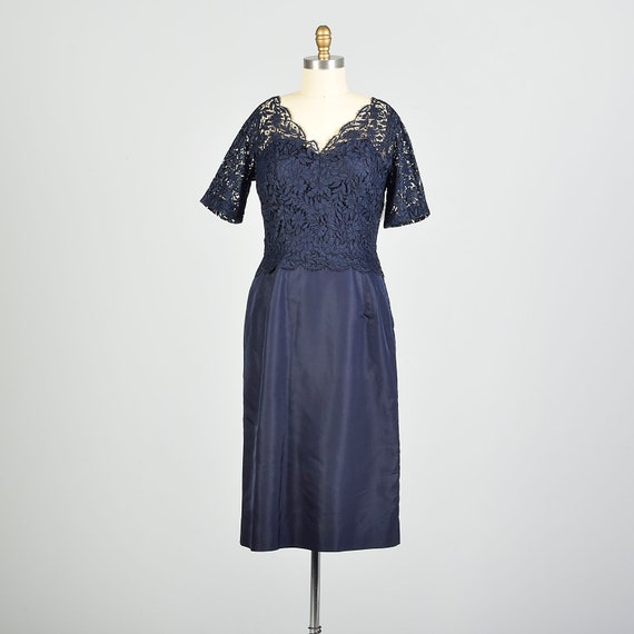 Large 1950s Navy Blue Lace Taffeta Cocktail Dress… - image 1