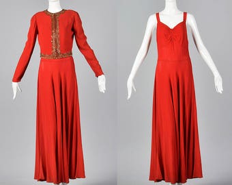 1940s Formal Dress Set Evening Gown Red Rayon Crepe Sequin Zip Jacket Old Hollywood Glamour Red Carpet Dress