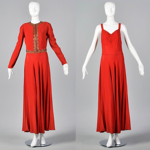 1940s Formal Dress Set Evening Gown Red Rayon Cre… - image 1