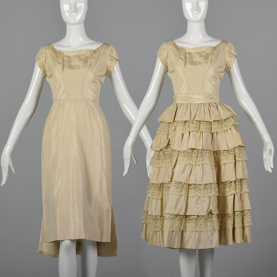 XS 1950s Ivory Wedding Dress with Overskirt Short