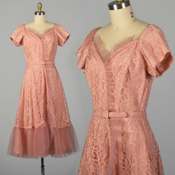 Medium 1940s Dress Pink Lace Pleated Tulle Party C