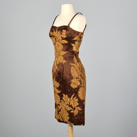 XS 1950s Dress Brown Satin Dress Lace Applique Sl… - image 3