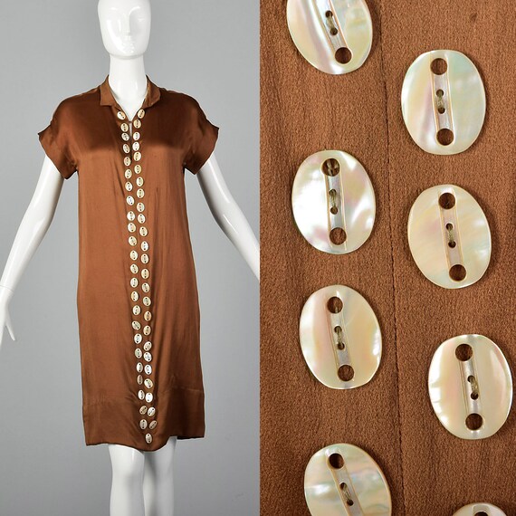 XXS 1920s Brown Silk Dress Mother of Pearl Buttons