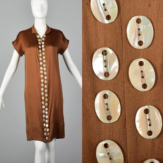 XXS 1920s Brown Silk Dress Mother of Pearl Button… - image 1