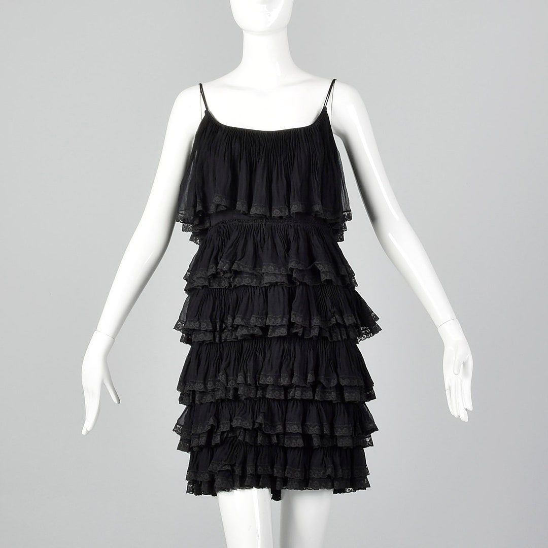 XXS Black Silk Ruffle Dress Lightweight Layered Lace Trim Pleated ...