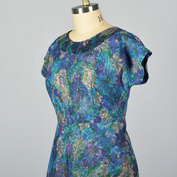 XL 1950s Dress Blue Floral Print Dress Floral Chi… - image 6