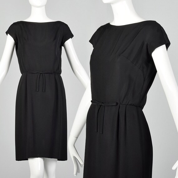 Retro Little Black Cocktail Dress Medium 60s Retro Sleek Crepe Sheath LBD with Rhinestones