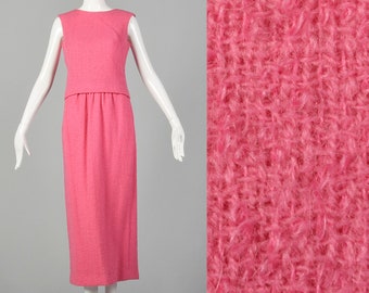 XS 1960s Pink Skirt Set Mohair Wool Tweed Maxi Top Set Jackie O Outfit