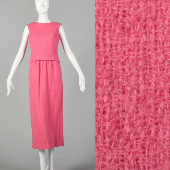 XS 1960s Pink Skirt Set Mohair Wool Tweed Maxi To… - image 1