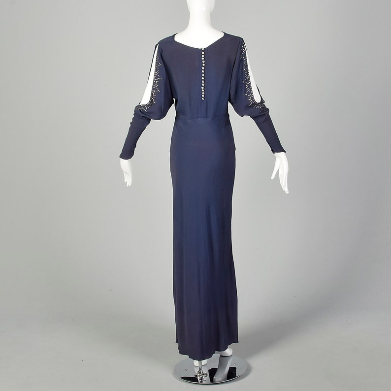 Small 1930s Blue Dress Bias Cut Rhinestone Slit Long Sleeve Evening Gown
