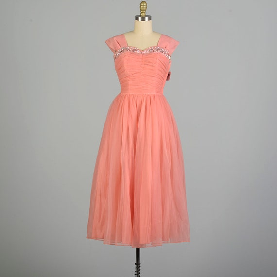 Small 1950s Pink Coral Chiffon Prom Dress Bead Em… - image 1