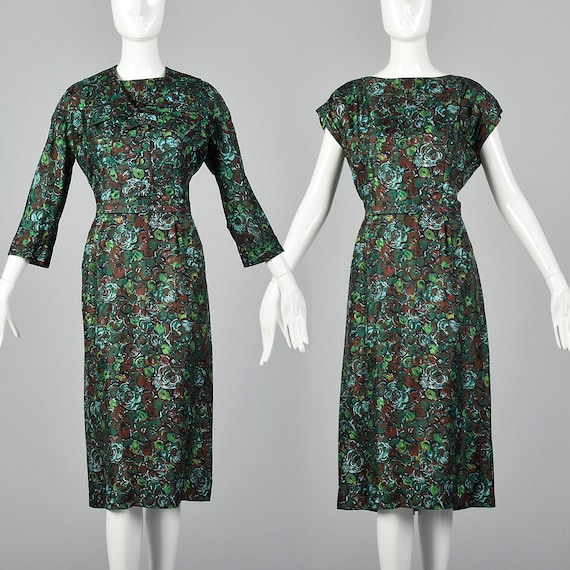 Large 1950s Silk Dress and Jacket Set Abstract Flo