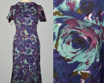 Large 1950s Blue and Purple Swirl Patterned Acetate Dress