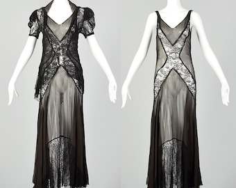 XS 1930s Black Dress Matching Jacket Sheer Silk Chiffon Lace Bias Gown Old Hollywood Glamour